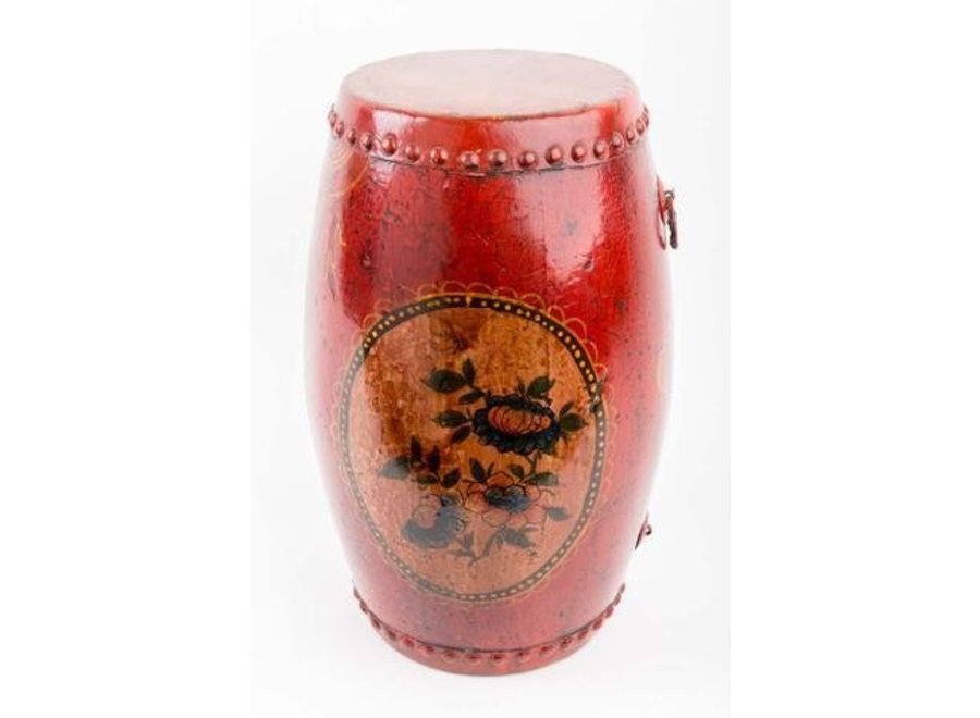 Fine Asianliving Chinese Drum with Hand-painted Flowers Antique Red Small