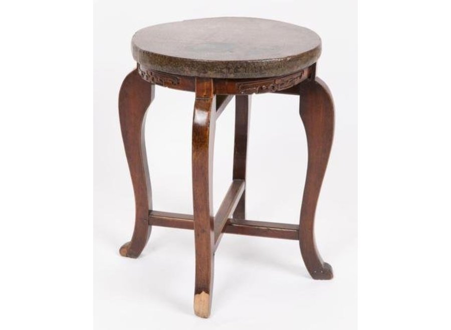 Tabouret Chinois Antique Rond avec Peau de Serpent Brun Foncé