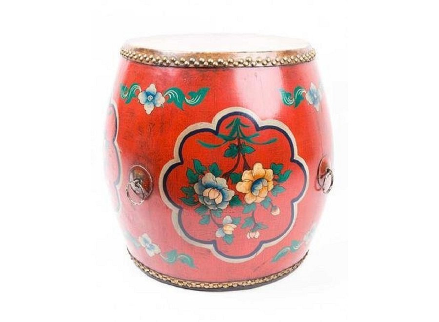 Table d'Appoint Chinoise Fleurs Peintes à La Main Rouge L35cm x H45cm x P35cm