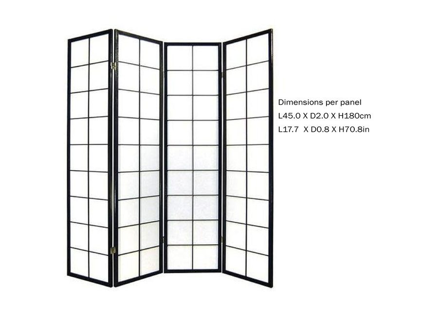 Paravent Japonais L180xH180cm 4 Panneaux Shoji Papier de Riz Noir