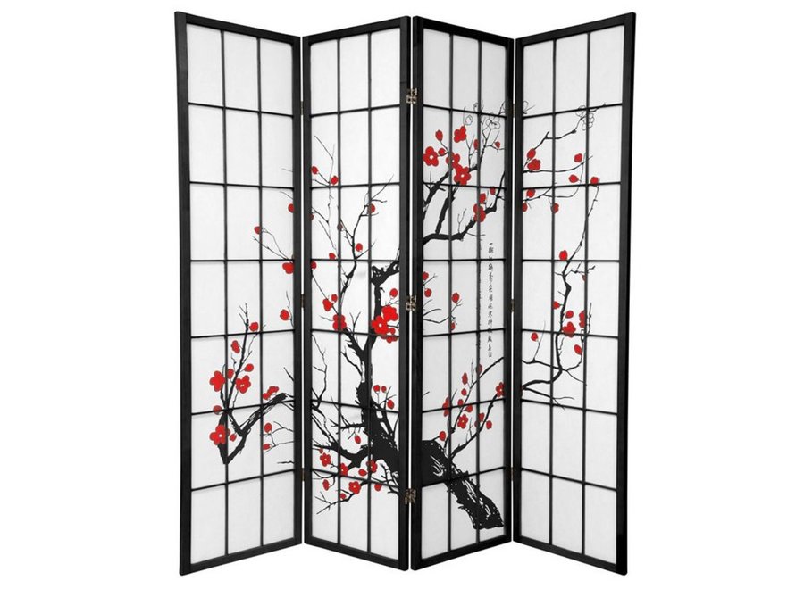 Biombo Japonés Shoji A180xA180cm 4 Paneles Papel de Arroz Negro - Flores de Cerezo Separador
