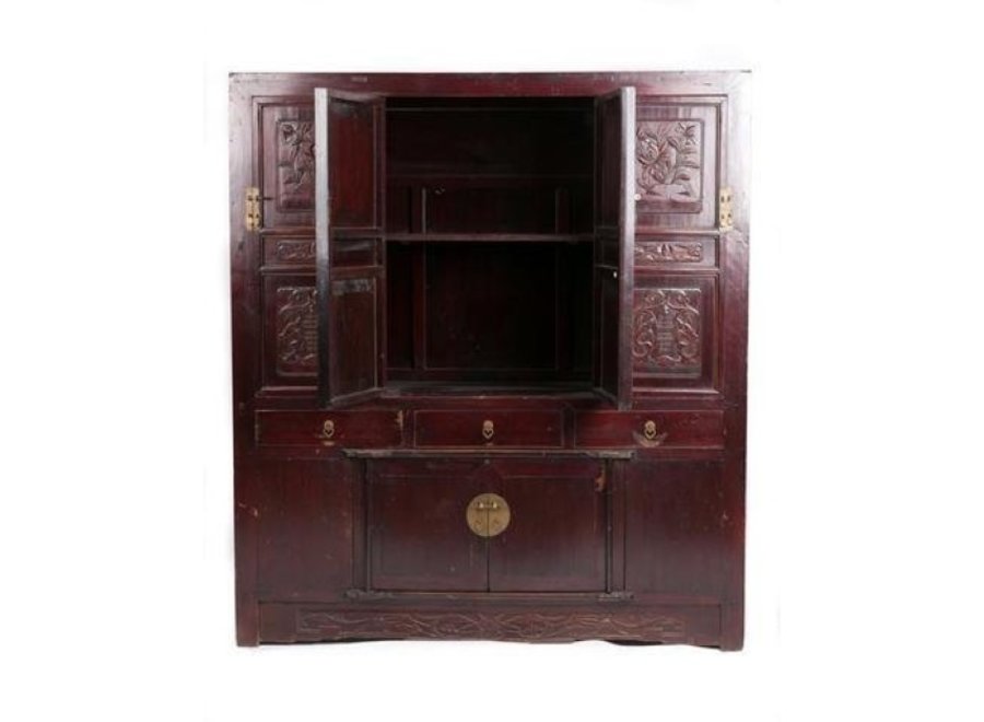 Fine Asianliving Antique Chinese Cabinet Handcrafted Floral Carvings W156xD52xH174cm