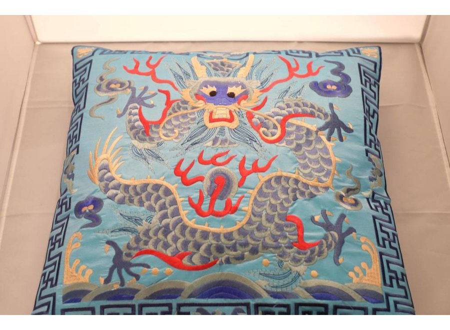 Coussin Chinois Brodé Main Dragon Bleu Clair 45x45cm