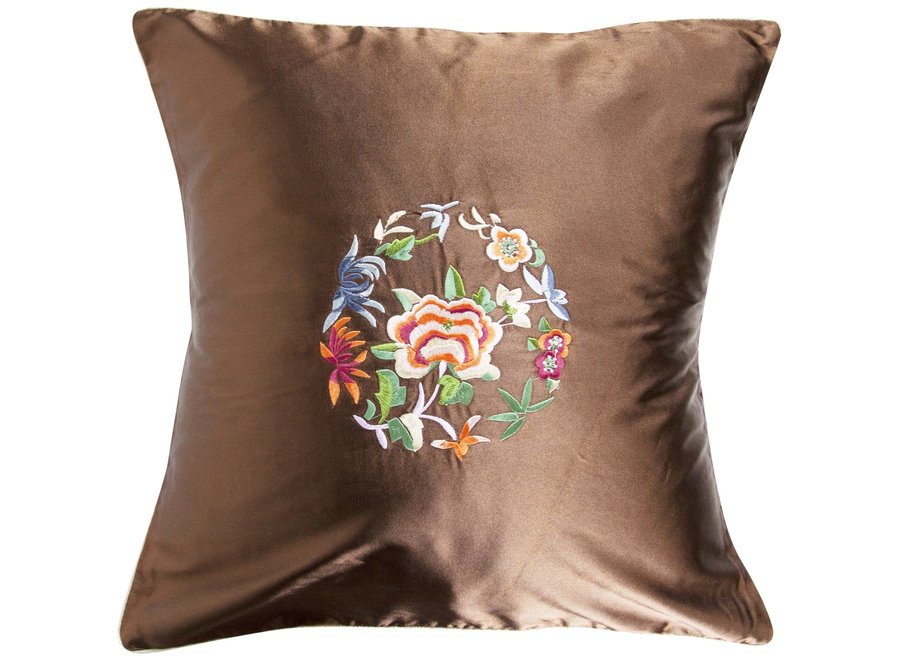 Coussin Chinois Brun Fleurs 45x45cm