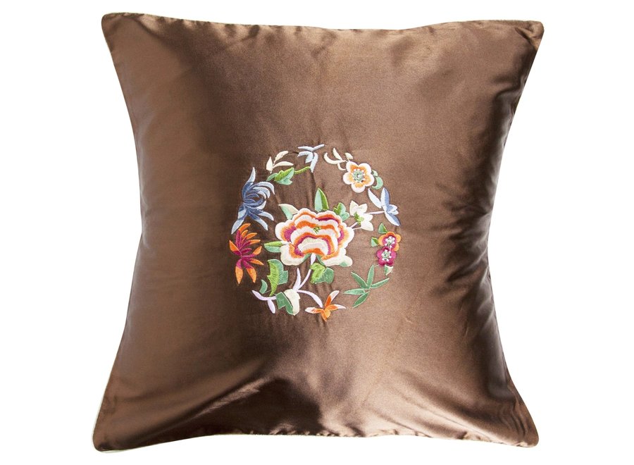 Coussin Chinois Brun Fleurs 45x45cm