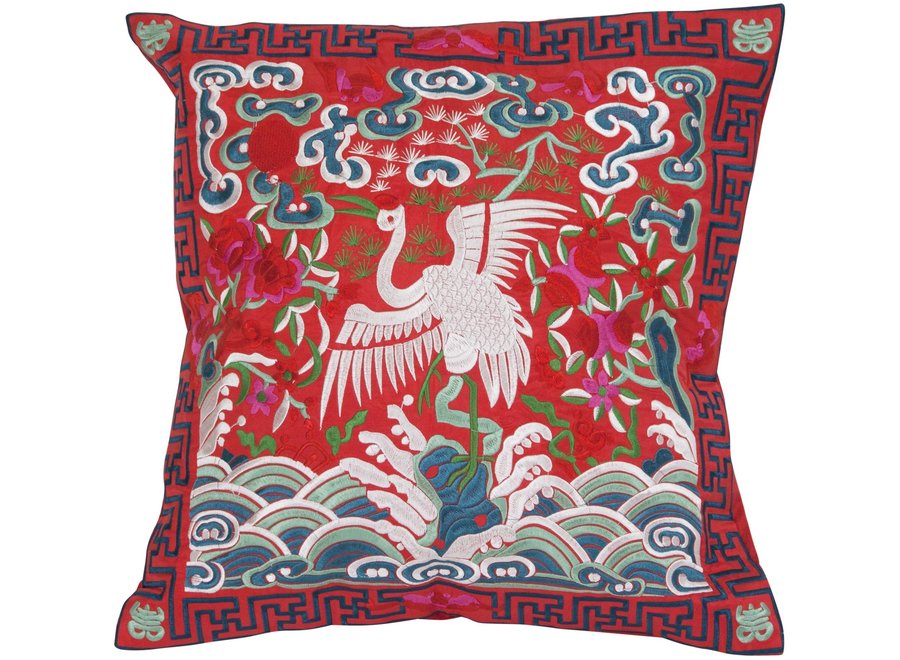 Chinesisches Kissen Rot Kranich 45x45cm