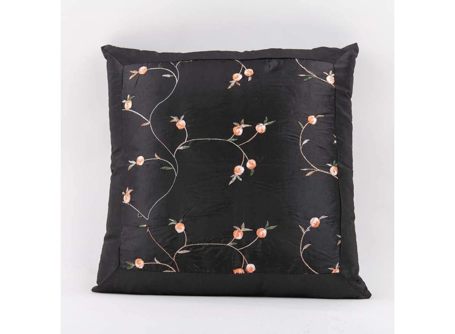 Coussin Chinois Fleurs en Soie Noir 45x45cm