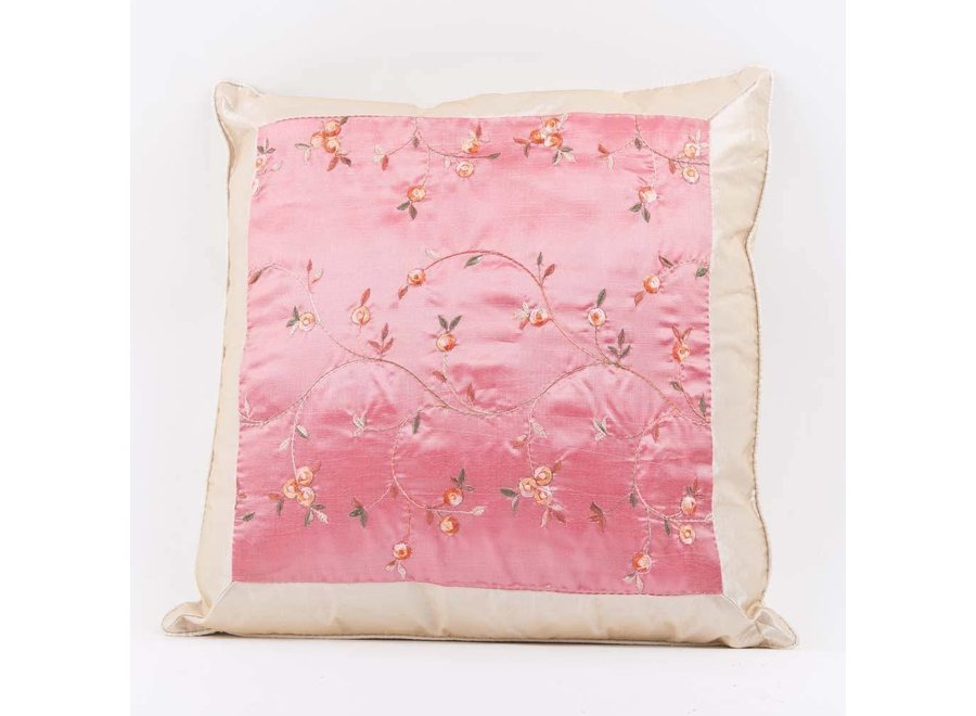 Chinese Cushion Silk Embroidered Flowers Pink 40x40cm