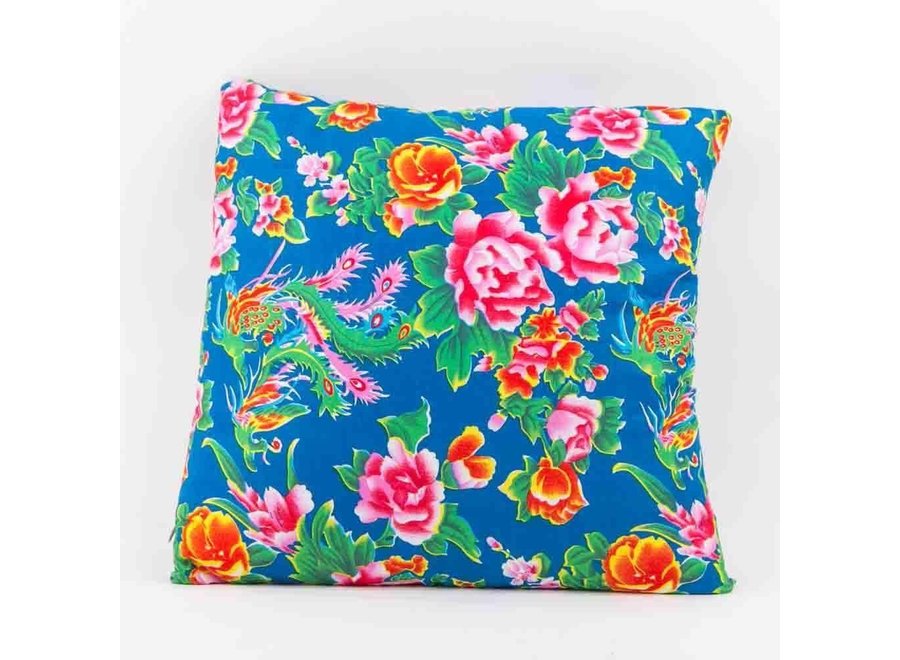 Chinese Cushion Cover Traditional Dongbei Flowers Blue 45x45cm