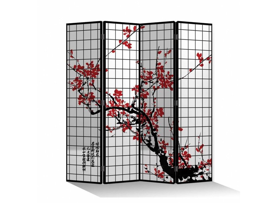 Biombo Japones Separador Anch.160xAlt.180cm Flores de Cerezo Negro