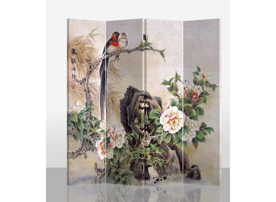 Paravent Chinois L160xH180cm 4 Panneaux Oiseaux et Pivoines