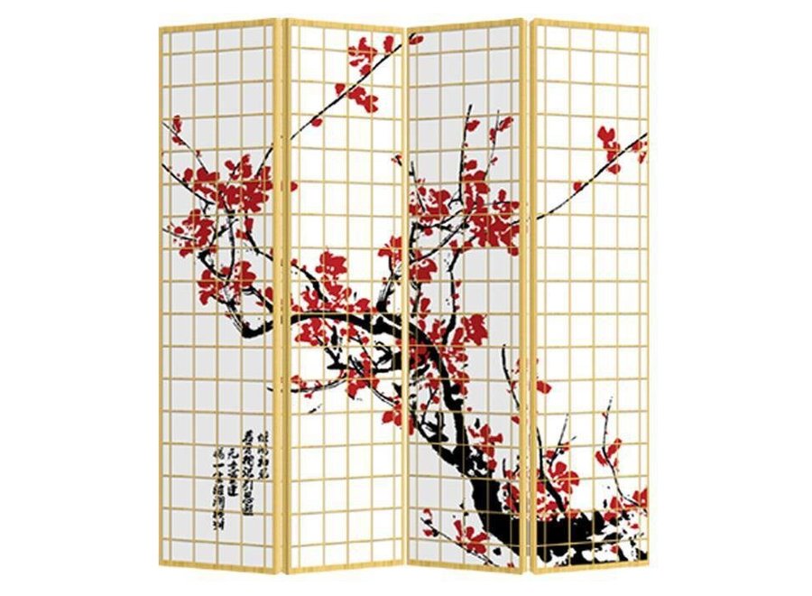 Paravent Japonais Japonais L160xH180cm 4 Panneaux Cerisier en Fleurs Rouge