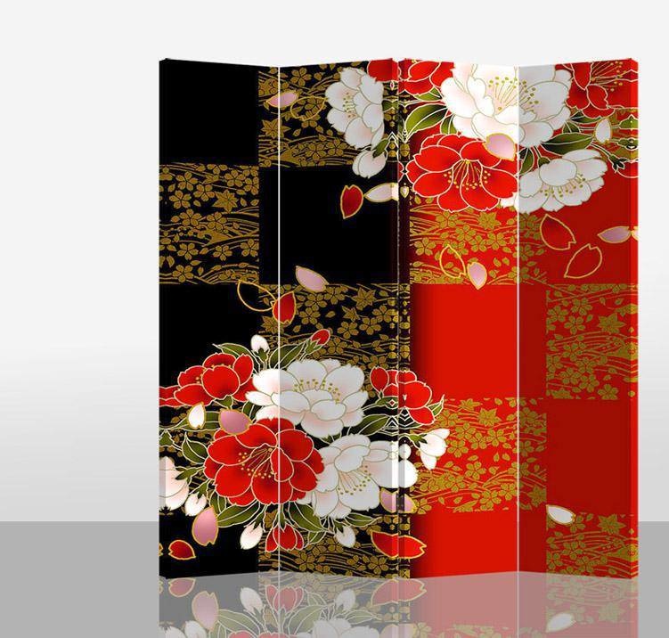 Paravento Divisorio Fine Asianliving 4 Pannelli In Tela – L160xH180 Cm, Stampa Fronte/retro, Legno Massello – Separatore Per Privacy E Decorazione