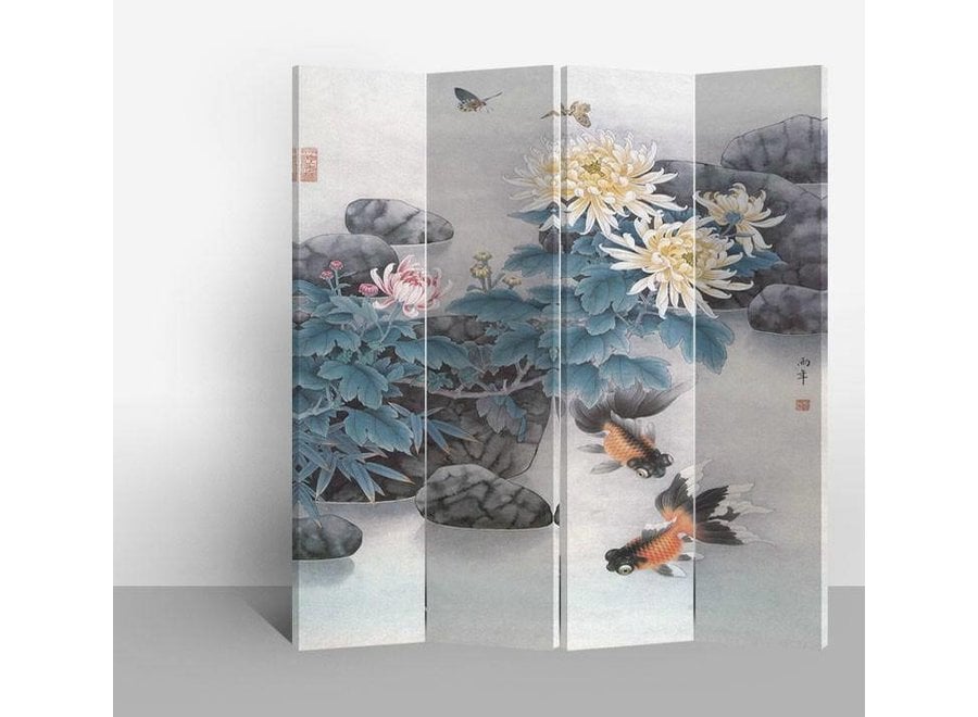 Chinese Oriental Room Divider Folding Privacy Screen 4 Panels W160xH180cm Lake with Fish