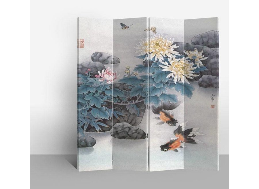 Fine Asianliving Chinese Oriental Room Divider Folding Privacy Screen 4 Panels W160xH180cm Lake with Fish