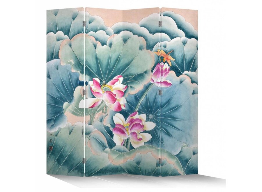 Chinesische Paravent Raumteiler B160xH180cm 4-teilig Rosa Lotus und Libelle