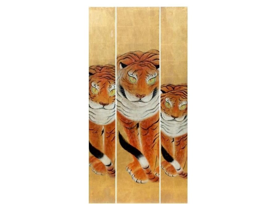 Tableau 3 Tigres Fait Main à La Feuille d'or L79xH160cm