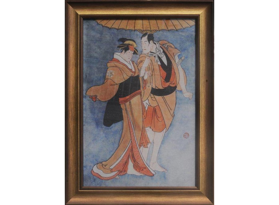 Peinture Japonaise Encadrée Décoration Murale Couple Japonais L36xH58cm