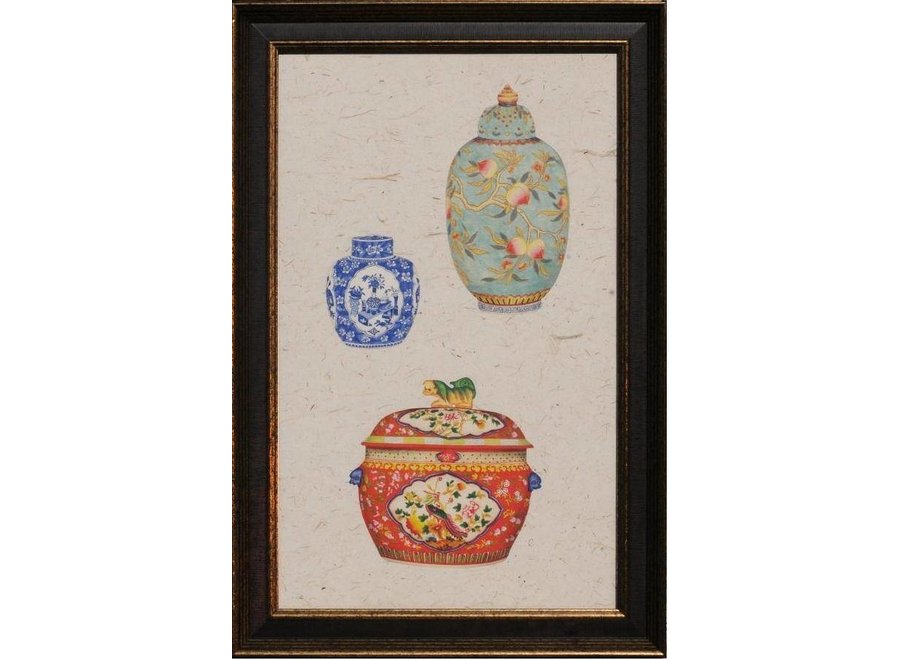 Fine Asianliving Chinese Painting with Frame Chinese Porcelain Pots Multicolour W41xH68cm