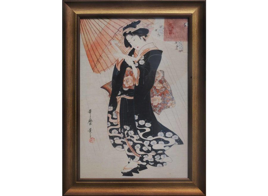 Fine Asianliving Peinture Japonaise Encadrée Décoration Murale Dame Japonaise avec Parasol L36xH58cm