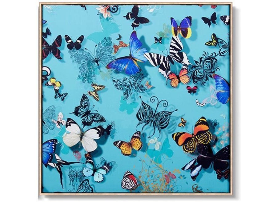 Tableau Oriental Divers Papillons Fond Bleu L90xP90cm