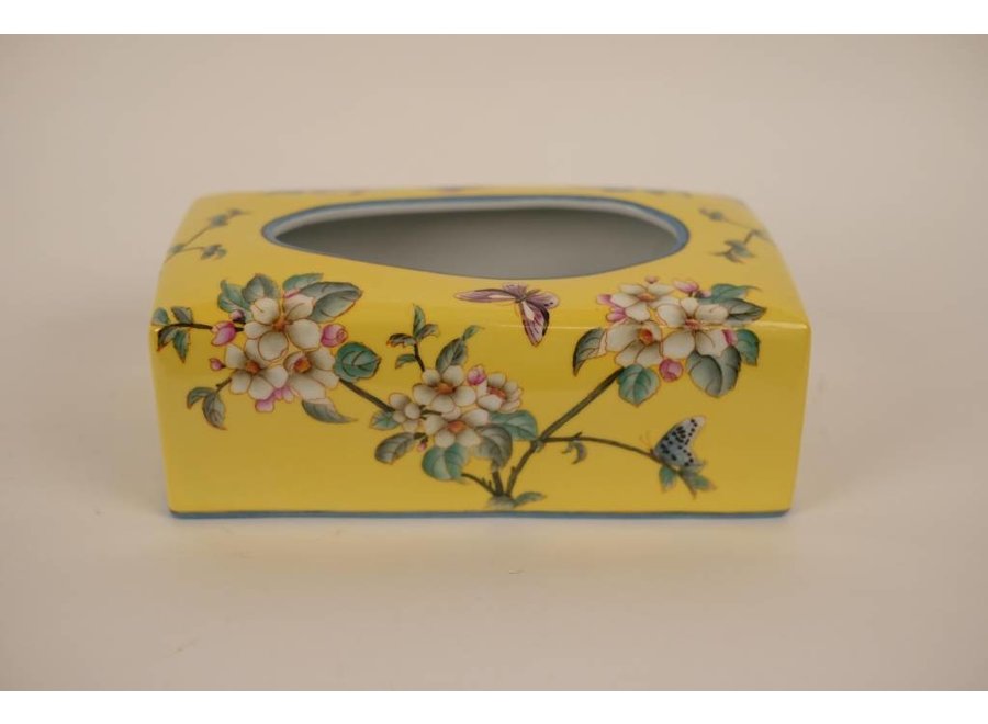 Boîte de Mouchoirs Chinoise Porcelaine Jaune Fleurs L23xP9xH14cm