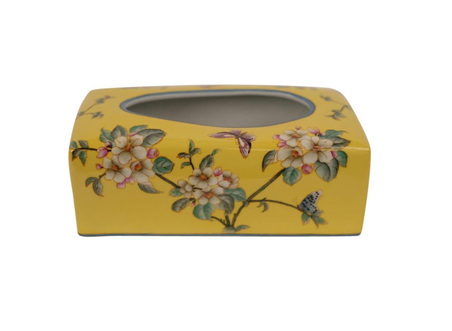 Boîte de Mouchoirs Chinoise Porcelaine Jaune Fleurs L23xP9xH14cm