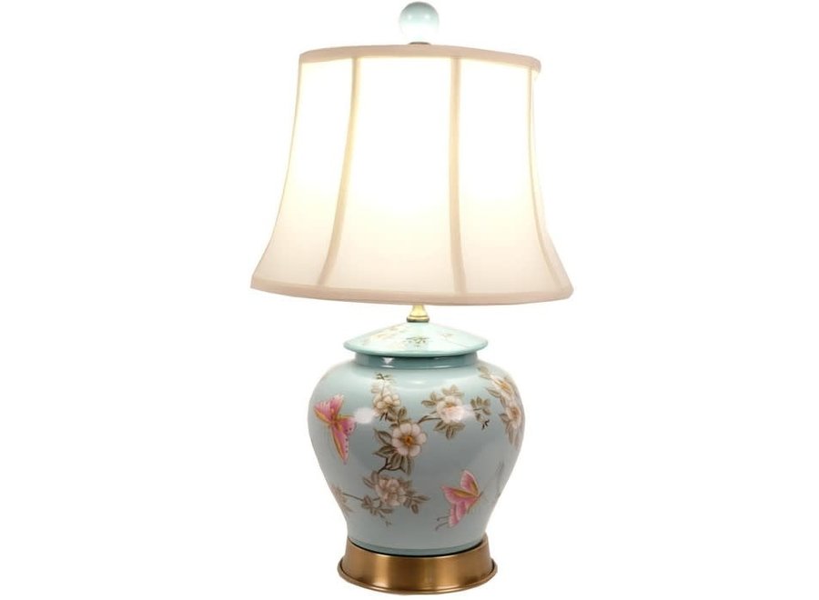 Chinesische Tischlampe Porzellan Türkis Handbemalte Blüten D35xH63cm