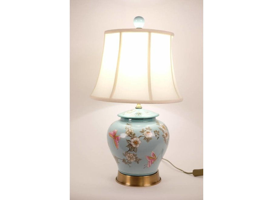 Lampe de Table Chinoise Fleurs Peintes à la Main Turquoise D35xH63cm