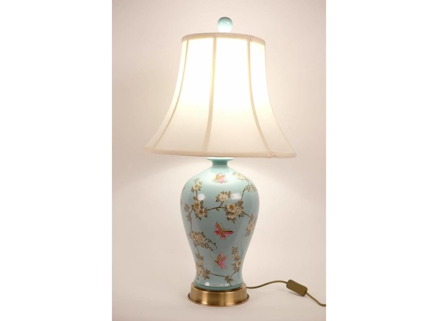 Chinesische Tischlampe Porzellan mit Schirm Handbemalt Türkis B40xT40xH76cm