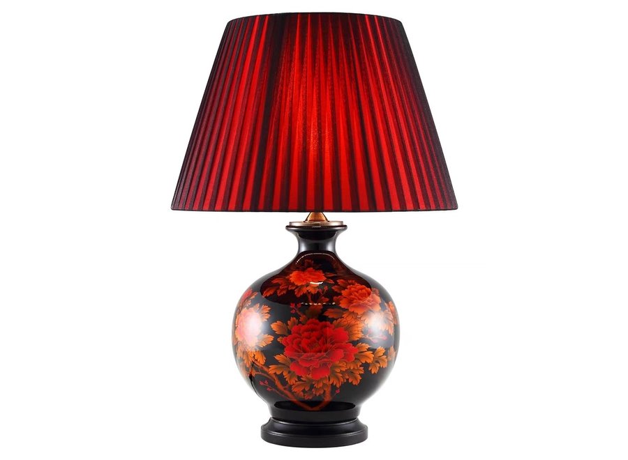 Chinesische Tischlampe Porzellan mit Schirm Schwarz mit Roten Blumen Klein B43xT43xH62cm