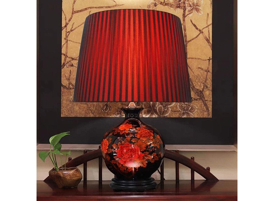 Fine Asianliving Oriental Chinese Table Lamp Porcelain Black with Red Flowers Small W43xD43xH62cm