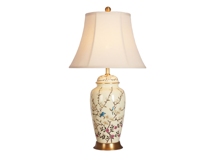 Lampada da Tavolo Cinese in Porcellana Creme Bianco Rami di Fiori L41xP41xA74cm