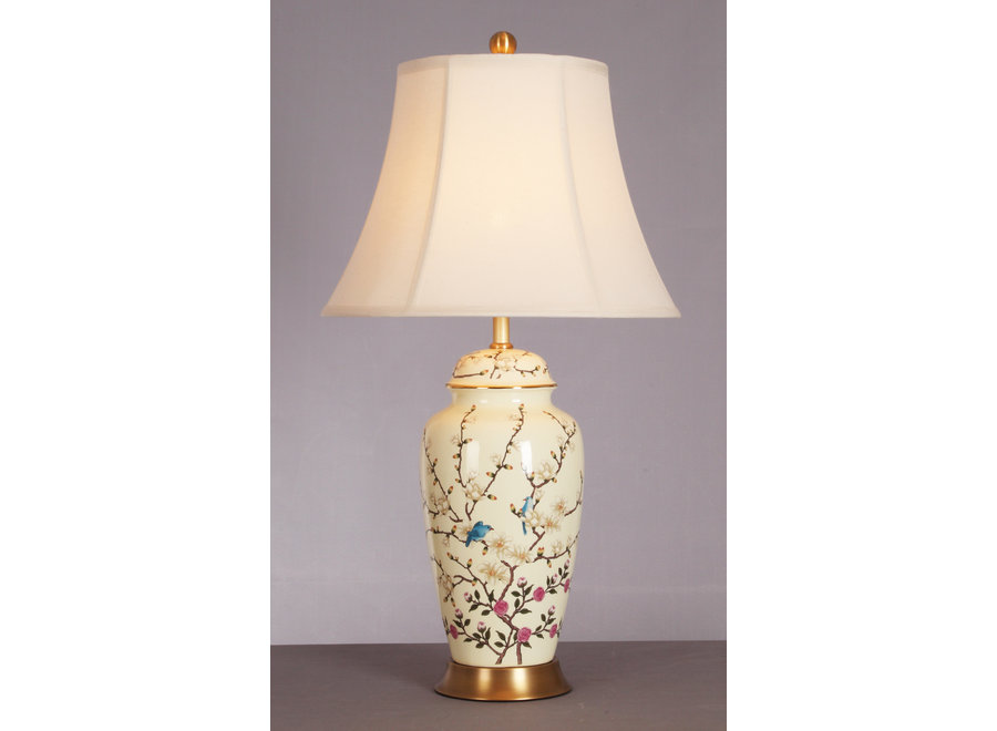 Lampada da Tavolo Cinese in Porcellana Creme Bianco Rami di Fiori L41xP41xA74cm