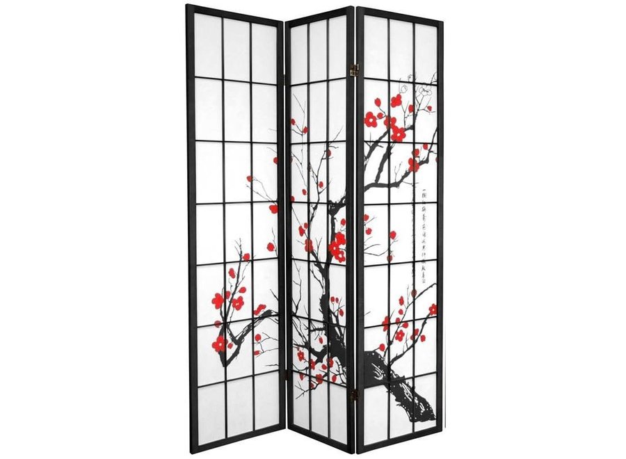 Paravent Japonais L135xH180cm 3 Panneaux Shoji Cerisier en Fleurs Noir