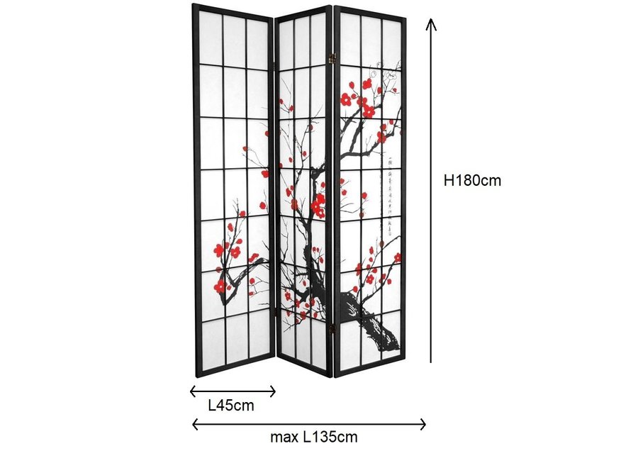 Japanese Room Divider 3 Panels W135xH180cm Privacy Screen Shoji Rice-paper Black - Sakura Cherry Blossoms