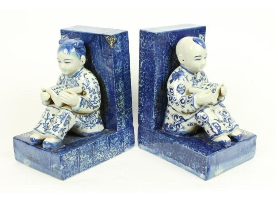 Chinesische Buchstütze Porzellan Kinder Blau-Weiß Set/2 B18xT13xH22cm