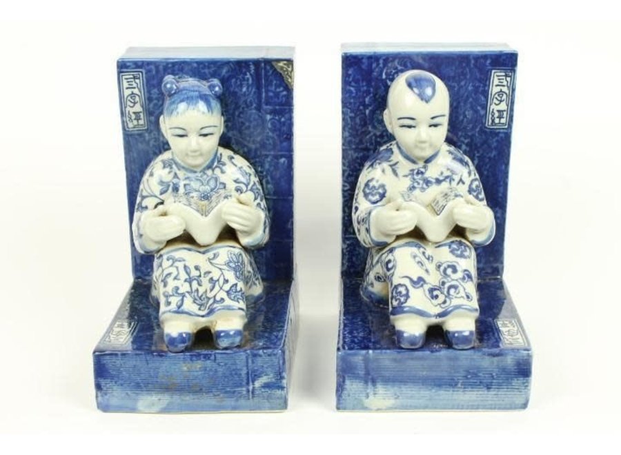 Chinese Bookend Porcelain Children Blue-White Set/2 W18xD13xH22cm