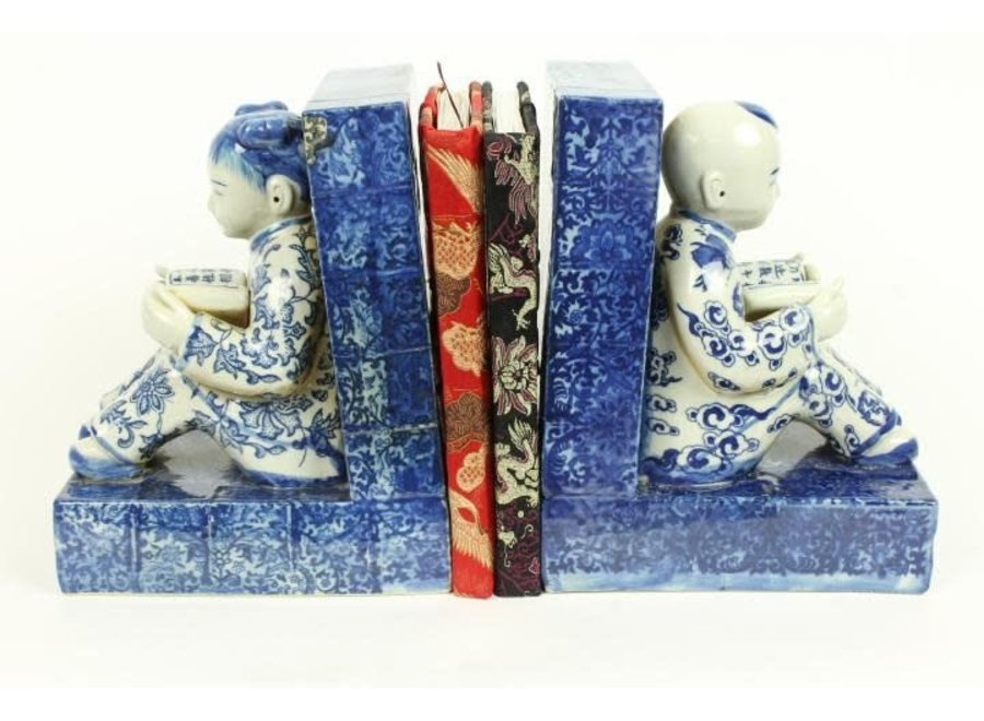 Serre-Livres Chinois En Porcelaine Enfant Bleu-Blanc Set/2 L18xP13xH22cm