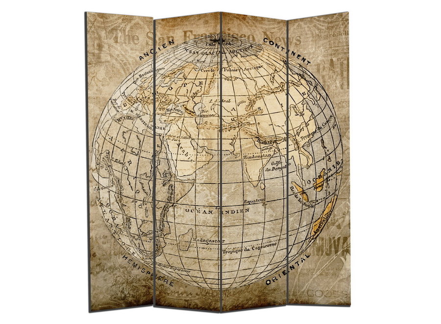 Paravent Interieur L160xH180cm 4 Panneaux Globe du Monde Vintage