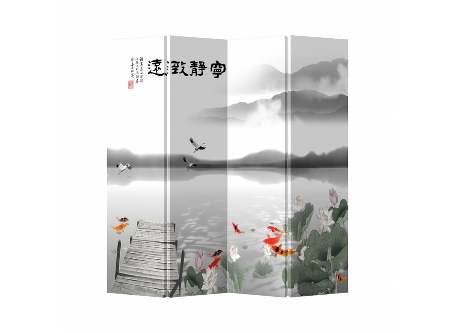Oriental Room Divider 4 Panel Lake with Animals L160xH180cm