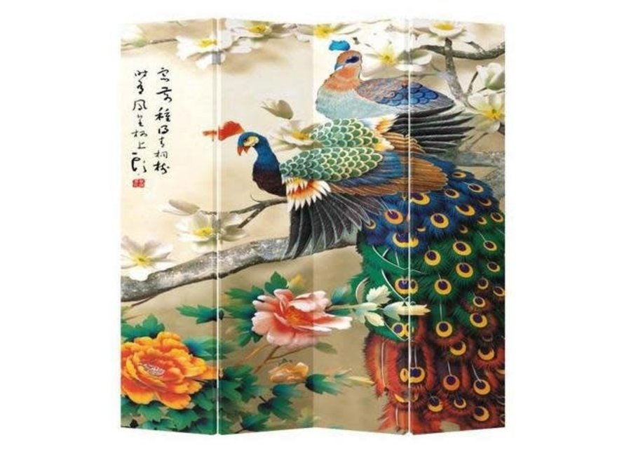 Paravent Chinois Chinois L160xH180cm 4 Panneaux Paons Colorés