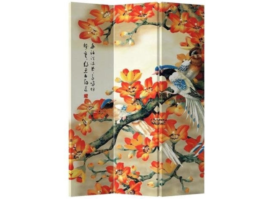 Paravent Chinois L120xH180cm 3 Panneaux Fleurs d'Oranger Oiseaux Bleus