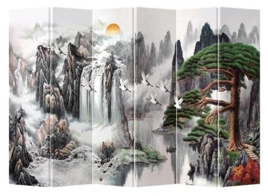 Chinese Oriental Room Divider Folding Privacy Screen 6 Panel Cranes Mountains L240xH180cm