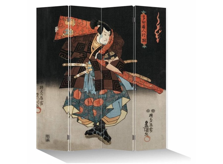 Japanese Oriental Room Divider Folding Privacy Screen 4 Panel Japanese Samurai L160xH180cm