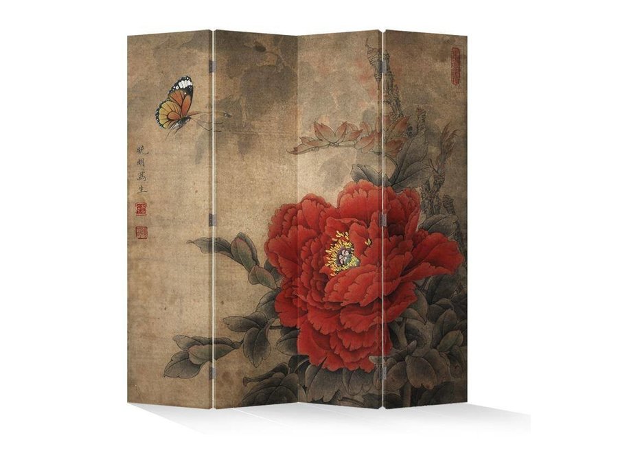 Chinese Oriental Room Divider Folding Privacy Screen 4 Panel Vintage Peony L160xH180cm