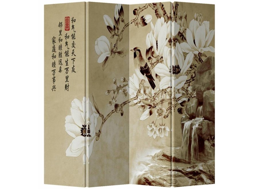 Chinese Oriental Room Divider Folding Privacy Screen 4 Panel White Blossoms L160xH180cm