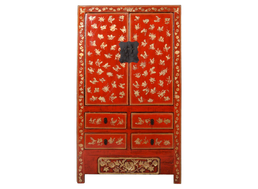 Armario de Boda Chino Antiguo Pintado a Mano de Oro Rojo An107xP50xAl186cm