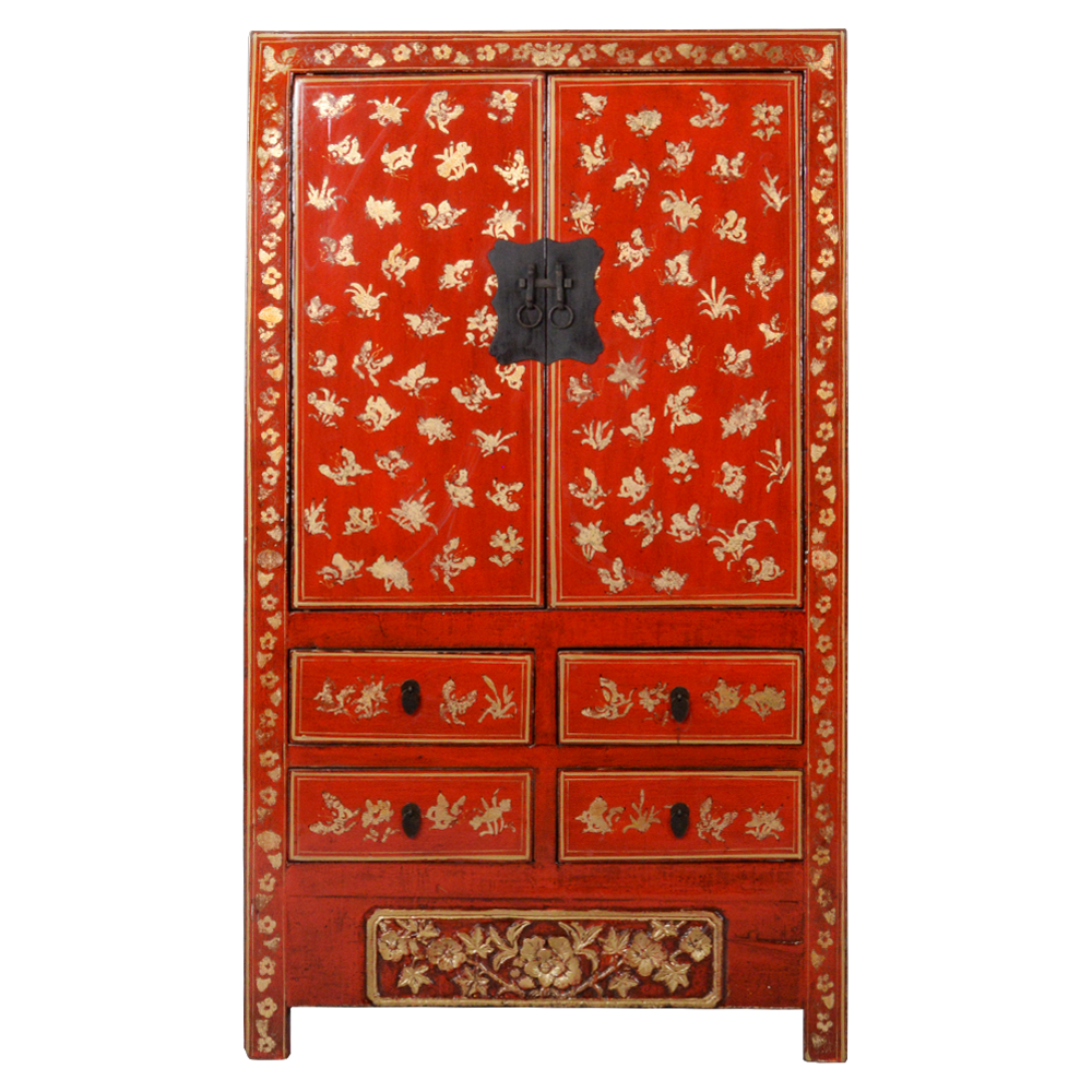 Armoire de mariage chinoise antique peinte à la main en or rouge L107x Fine Asianliving