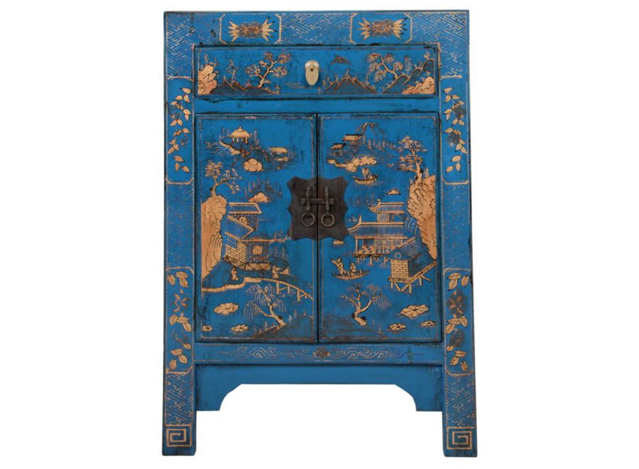 Armoire Chinoise Bleue Paysage Peint à la Main L58xP37xH85cm
